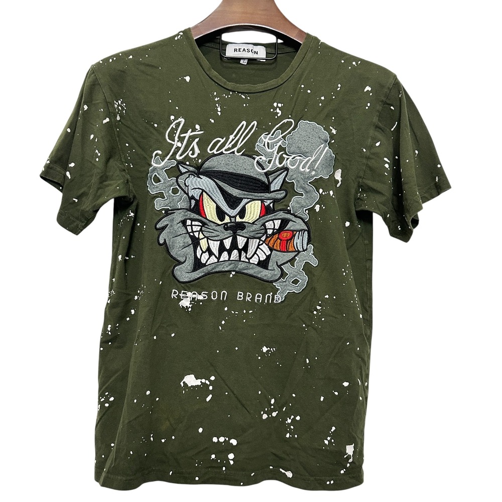 Reason Brand Mens Olive Green It's All Good Smoking Cat Paint Splatter Tee L